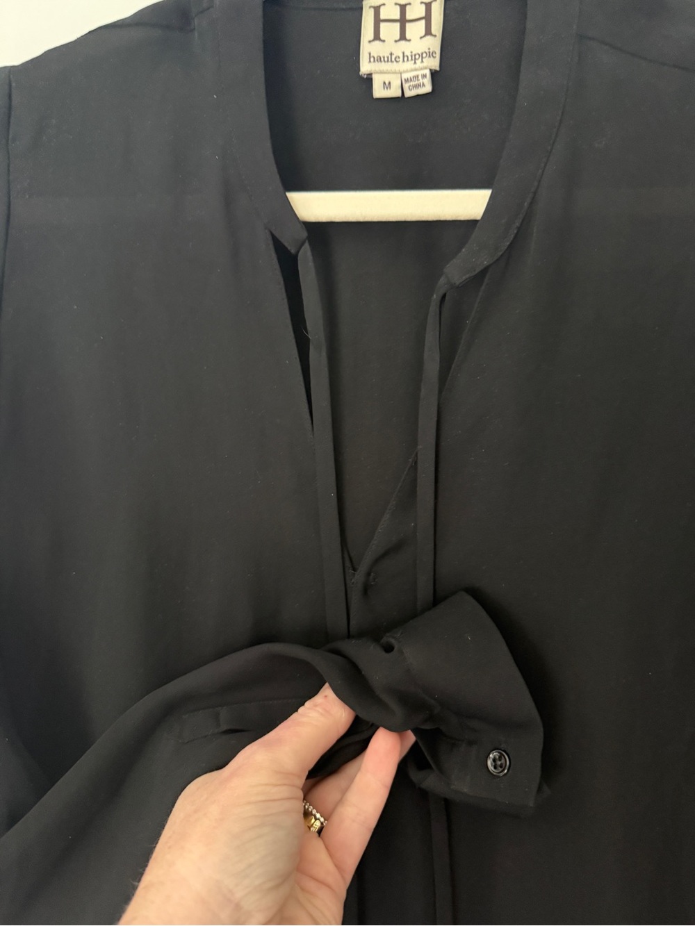 Haute Hippie 100% Silk Faux Wrap Tie Neck Blouse Black Size M Drawstring Hem - Picture 5 of 10
